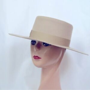 Vintage Olive & Pique Wool Hat Boaters Wide Brim Gamblers Hat, Neutral Color